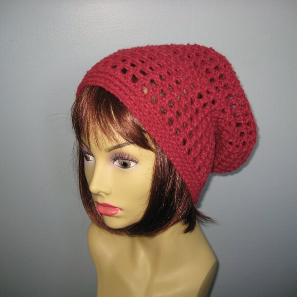 Burgundy Hand knit / Crochet Mesh Style Lightweight Winter Beanie Unisex - NEW - Picture 1 of 6